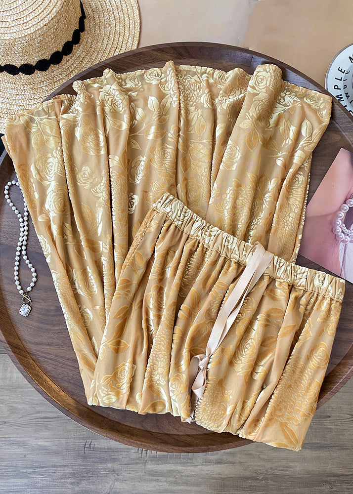 Yellow Print Drawstring Cotton Skirts Spring