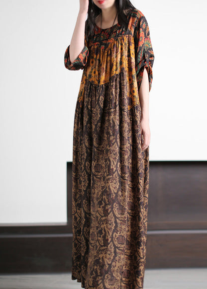 Yellow Print Wrinkled Silk Long Dress Summer