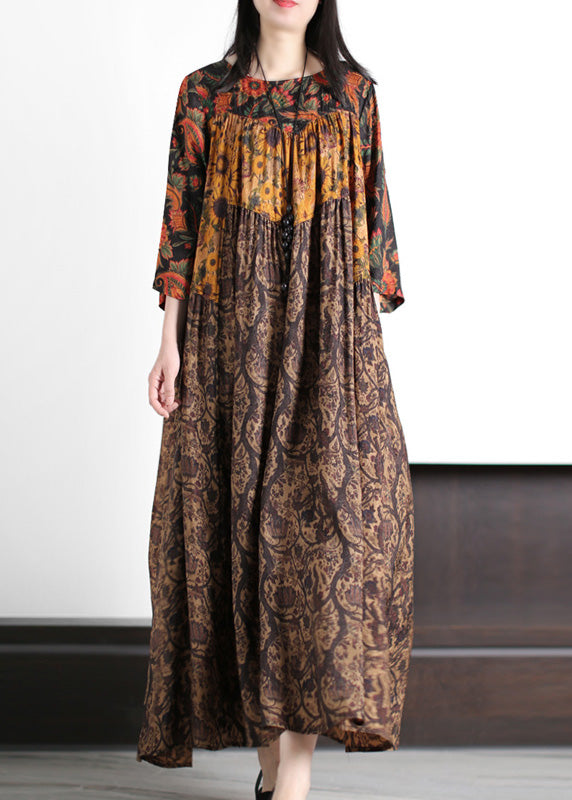 Yellow Print Wrinkled Silk Long Dress Summer