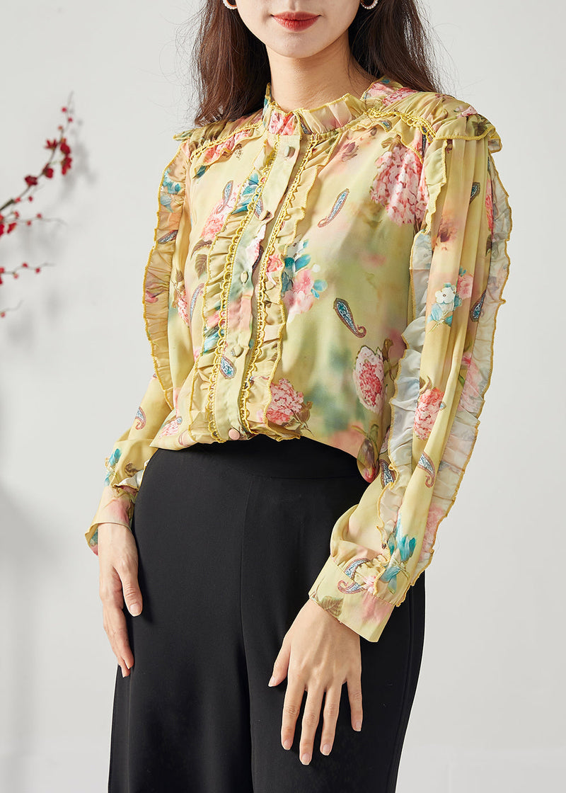 Yellow Ruffled Patchwork Print Chiffon Top Spring