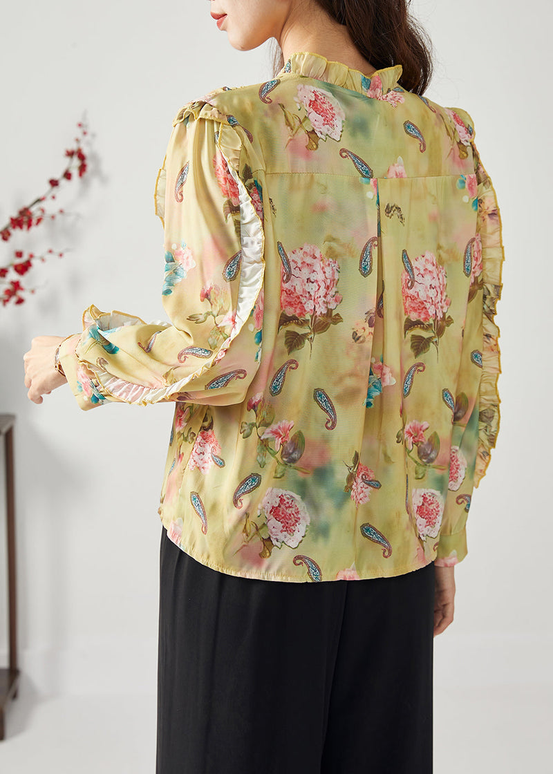 Yellow Ruffled Patchwork Print Chiffon Top Spring