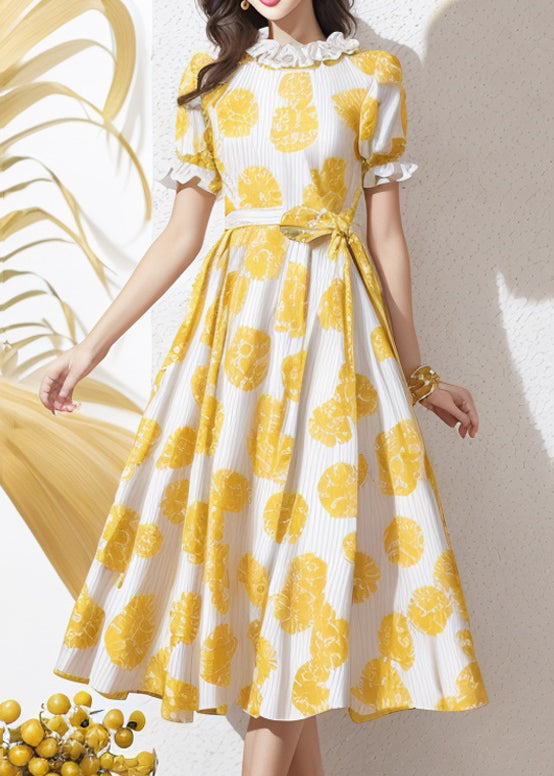 Yellow Ruffled Print Tie Waist Silk Dress Summer