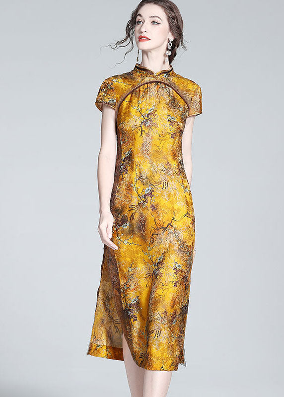 Yellow Stand Collar Patchwork Side Open Silk Dress Summer