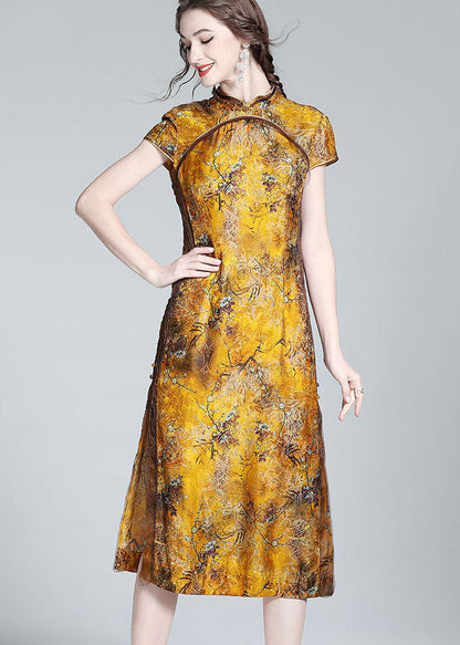 Yellow Stand Collar Patchwork Side Open Silk Dress Summer