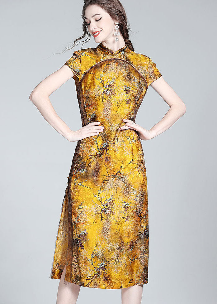 Yellow Stand Collar Patchwork Side Open Silk Dress Summer