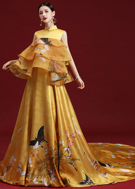 Yellow Stand Collar Print Ruffled Silk Maxi Dresses Sleeveless