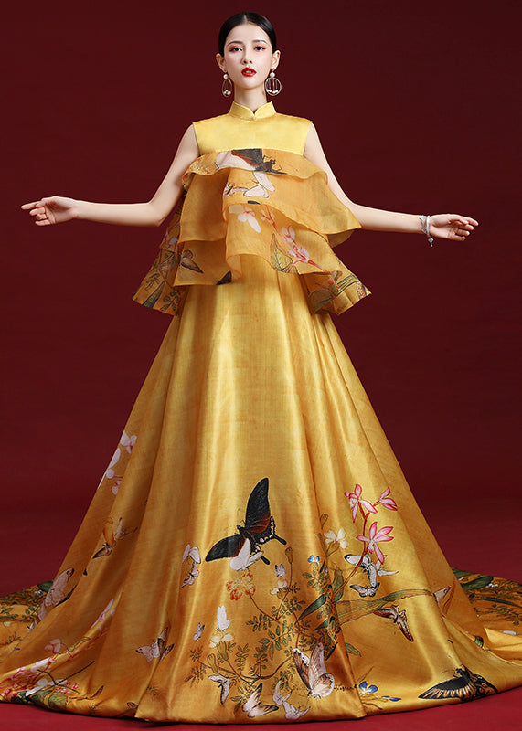 Yellow Stand Collar Print Ruffled Silk Maxi Dresses Sleeveless