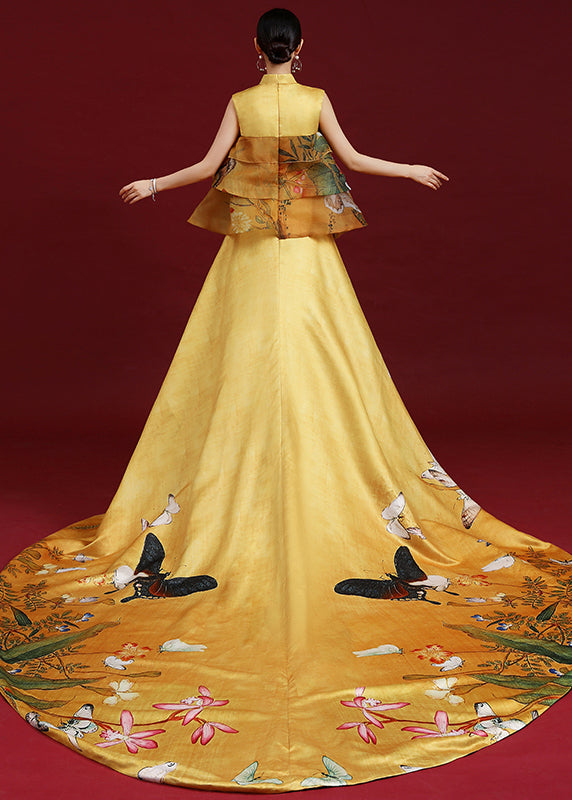 Yellow Stand Collar Print Ruffled Silk Maxi Dresses Sleeveless
