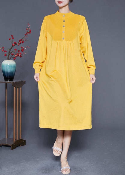 Yellow Stand Collar Wrinkled Knit Long Dress Spring