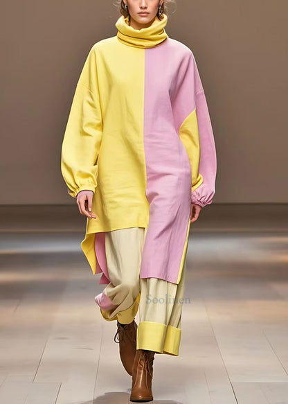 Yellow Turtleneck Asymmetrical Cotton Dress Long Sleeve