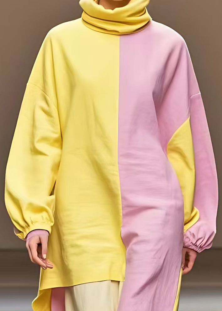 Yellow Turtleneck Asymmetrical Cotton Dress Long Sleeve