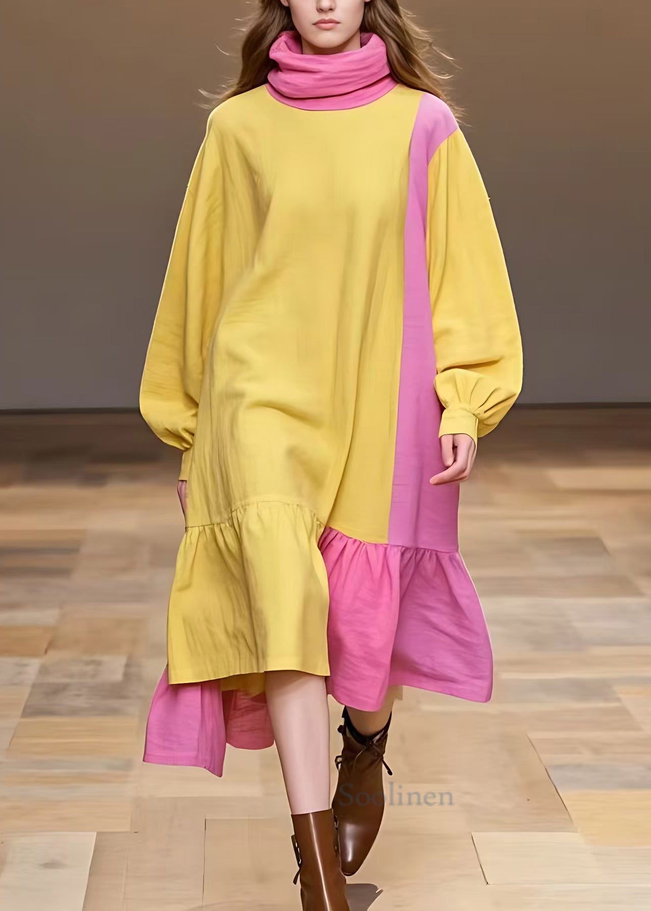 Yellow Turtleneck Patchwork Cotton Dress Long Sleeve