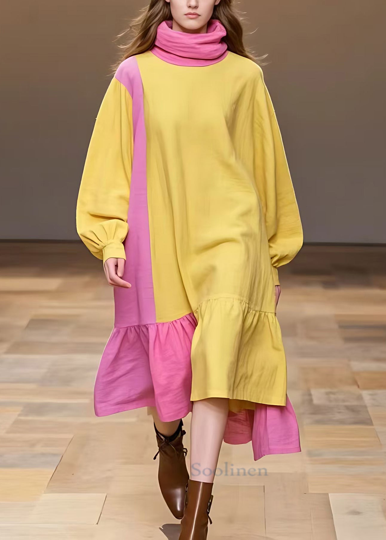 Yellow Turtleneck Patchwork Cotton Dress Long Sleeve