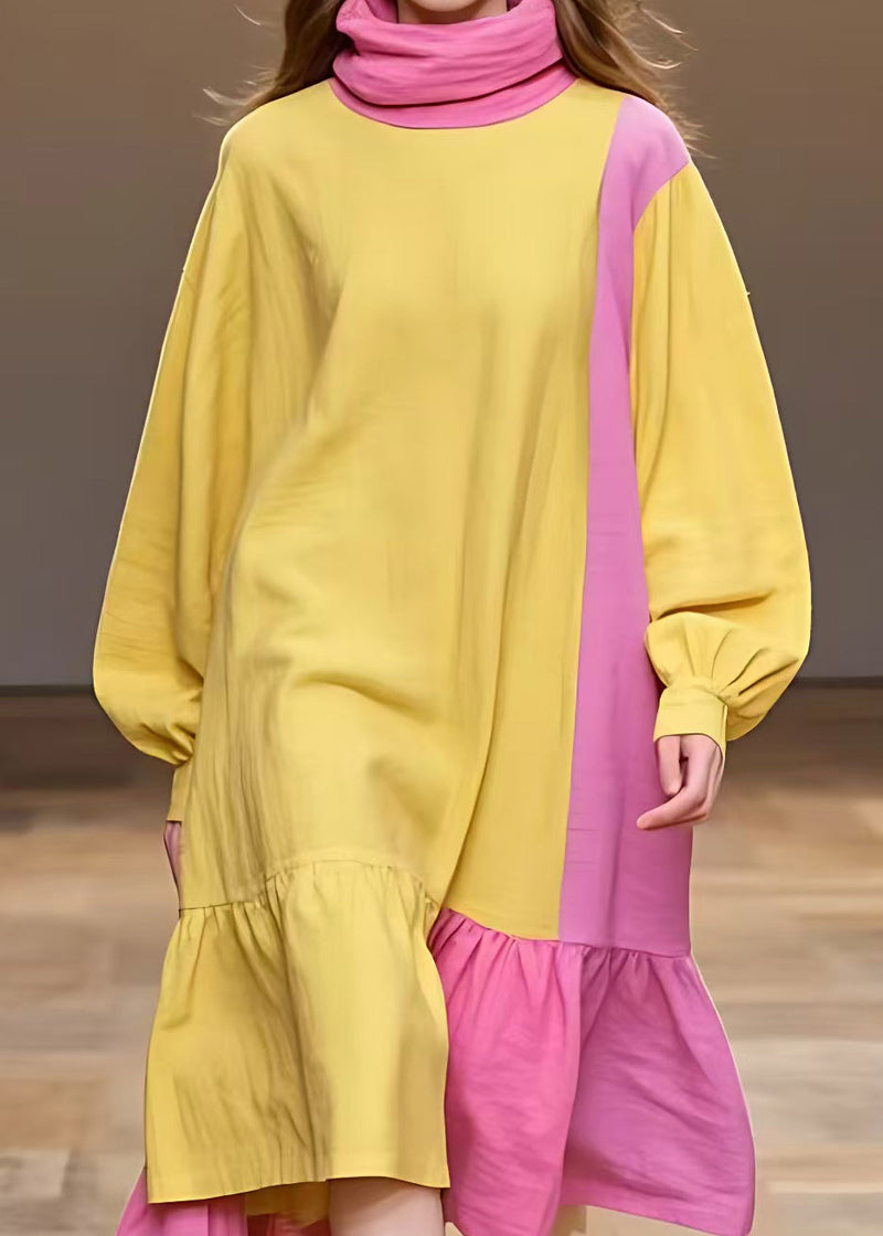 Yellow Turtleneck Patchwork Cotton Dress Long Sleeve