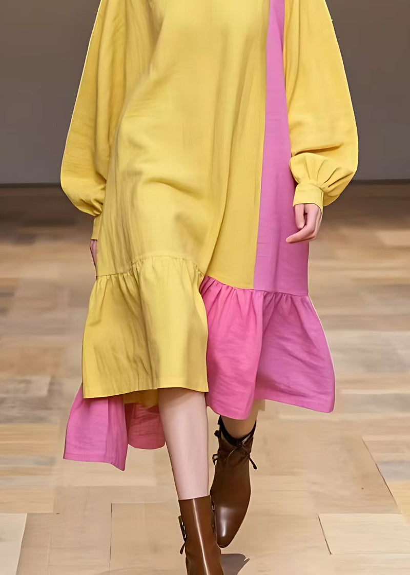 Yellow Turtleneck Patchwork Cotton Dress Long Sleeve