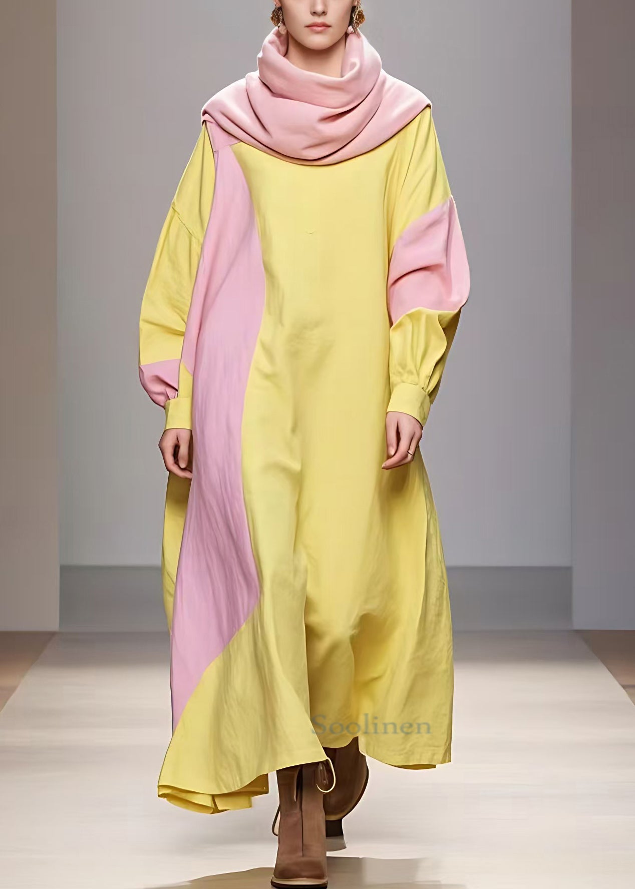 Yellow Turtleneck Patchwork Cotton Robe Dresses Long Sleeve