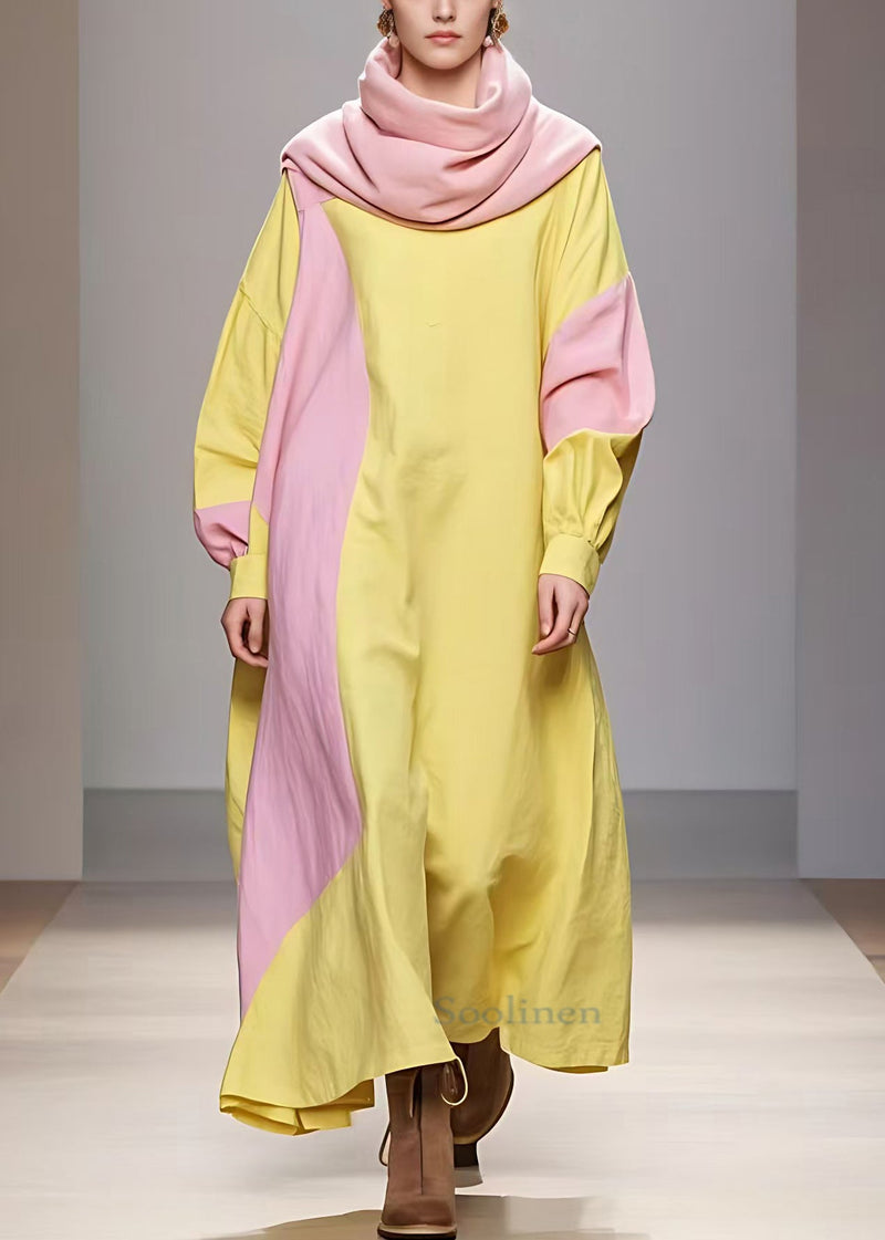 Yellow Turtleneck Patchwork Cotton Robe Dresses Long Sleeve