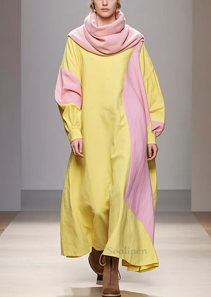 Yellow Turtleneck Patchwork Cotton Robe Dresses Long Sleeve