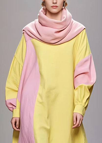Yellow Turtleneck Patchwork Cotton Robe Dresses Long Sleeve