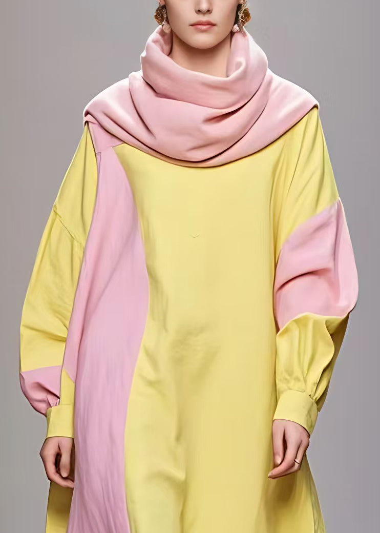Yellow Turtleneck Patchwork Cotton Robe Dresses Long Sleeve