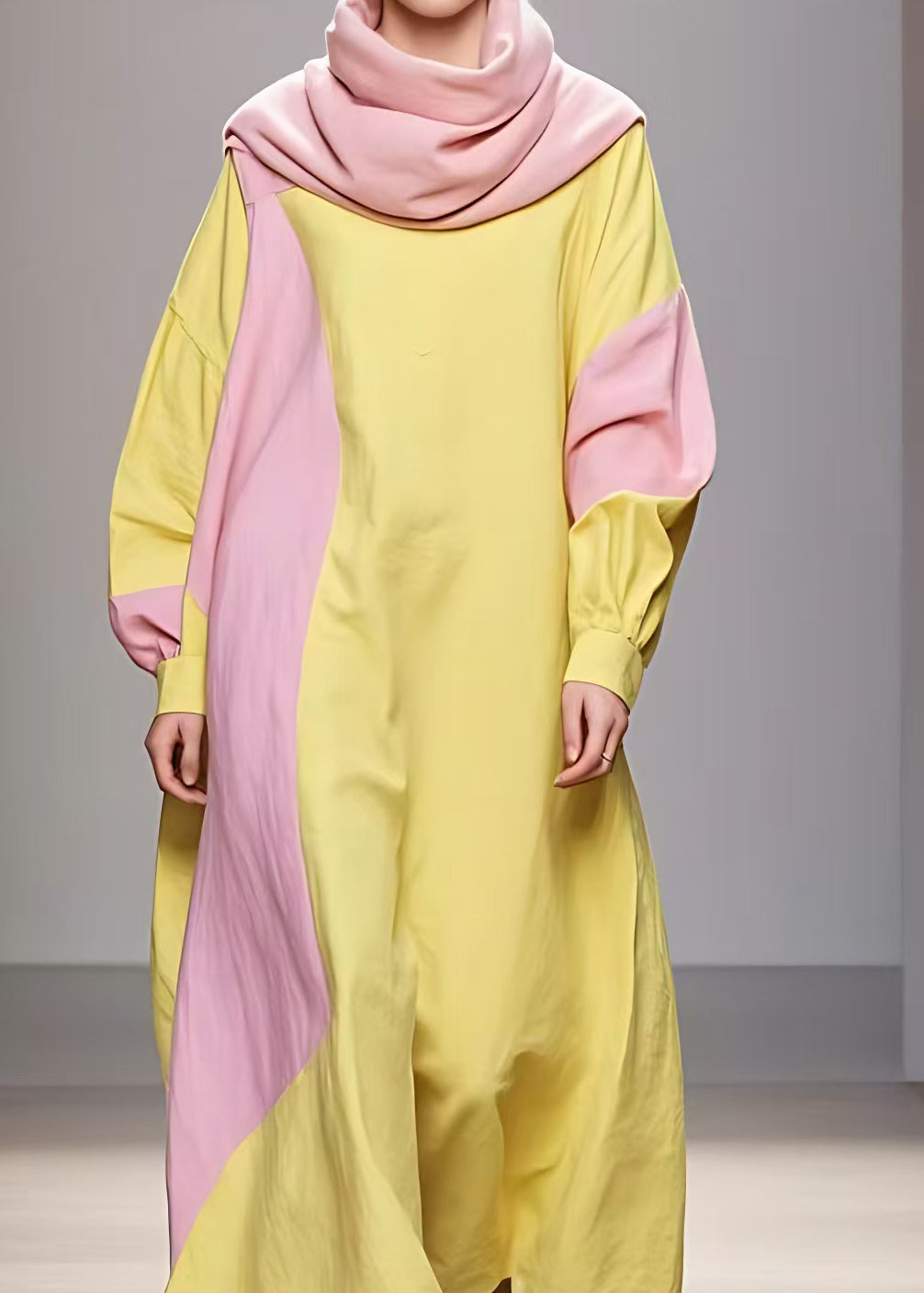 Yellow Turtleneck Patchwork Cotton Robe Dresses Long Sleeve