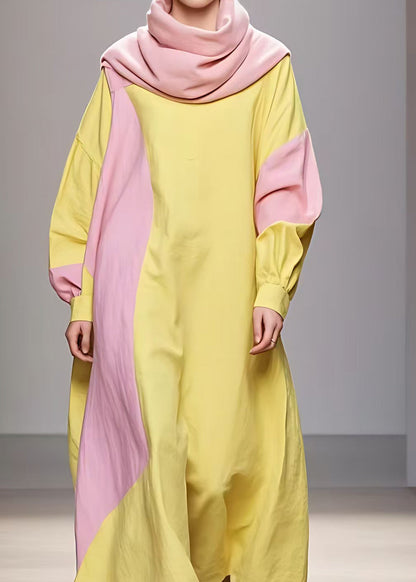 Yellow Turtleneck Patchwork Cotton Robe Dresses Long Sleeve