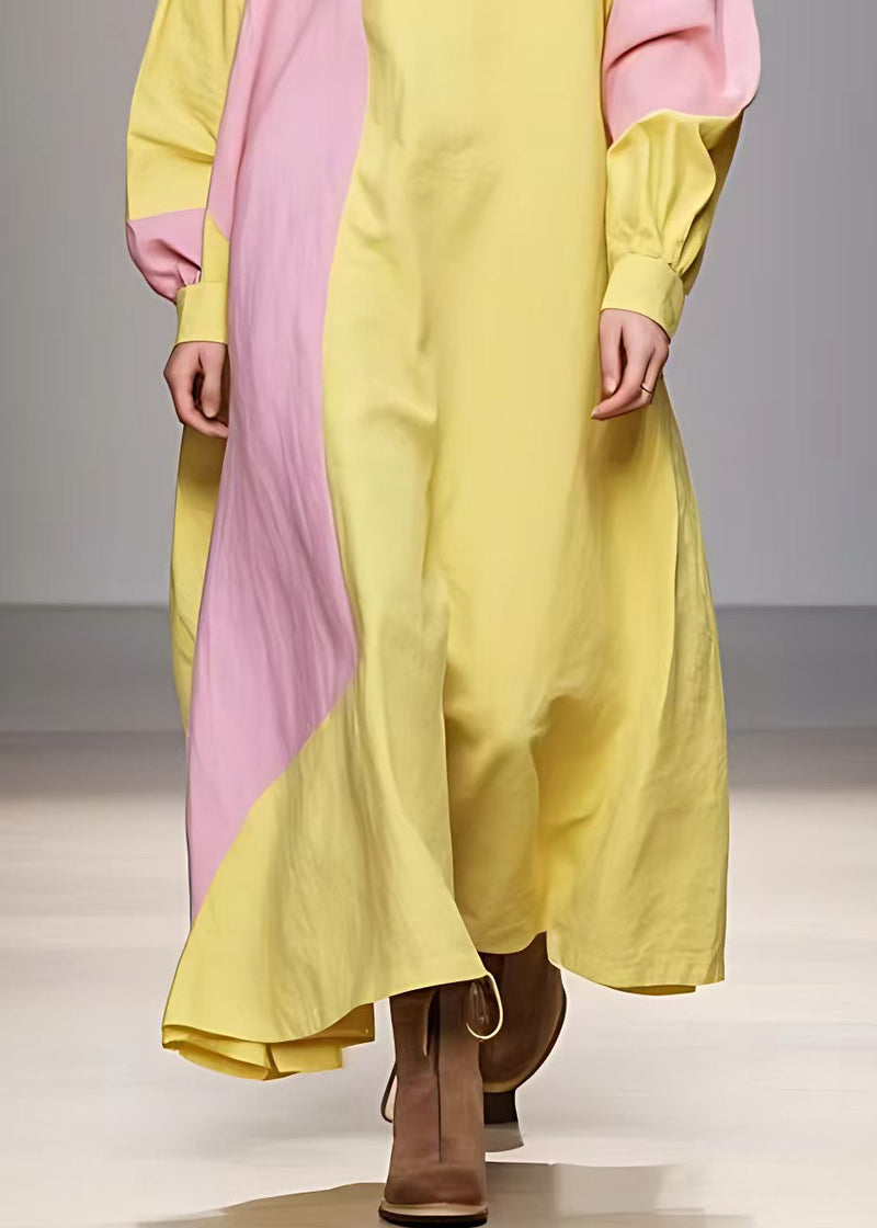 Yellow Turtleneck Patchwork Cotton Robe Dresses Long Sleeve