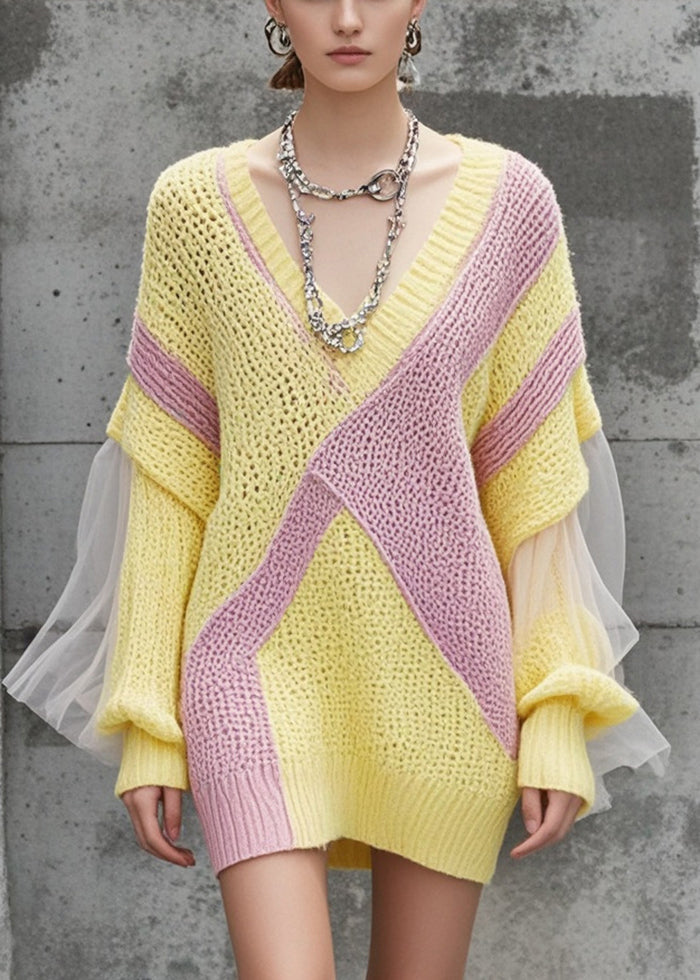 Yellow V Neck Patchwork Tulle Knitwear Dress Fall