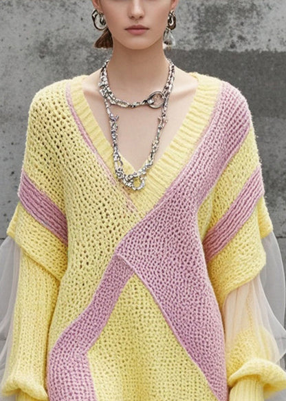 Yellow V Neck Patchwork Tulle Knitwear Dress Fall