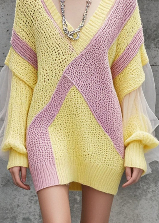 Yellow V Neck Patchwork Tulle Knitwear Dress Fall