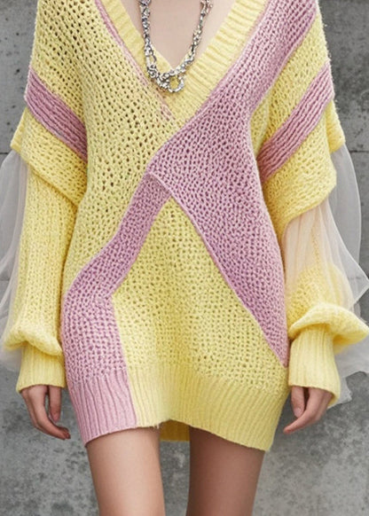 Yellow V Neck Patchwork Tulle Knitwear Dress Fall