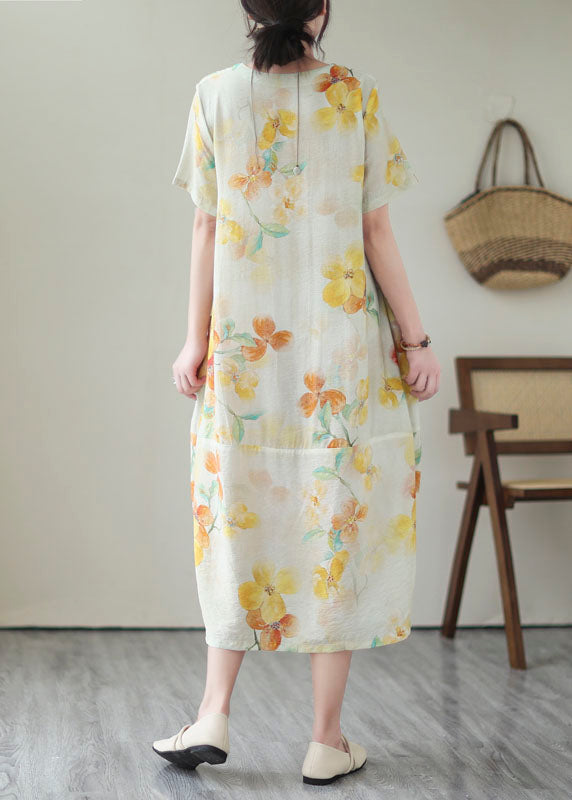 Yellow V Neck Print Patchwork Cotton Dress Summer