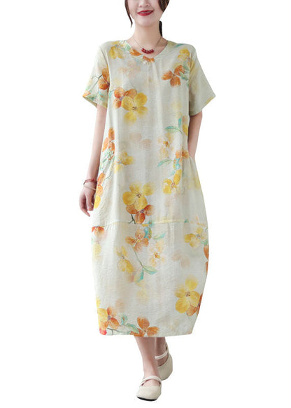 Yellow V Neck Print Patchwork Cotton Dress Summer