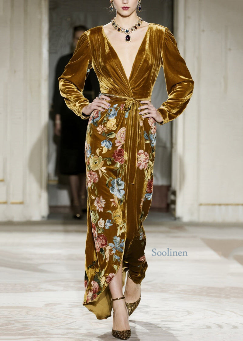 Yellow V Neck Print Velvet Maxi Dresses Spring