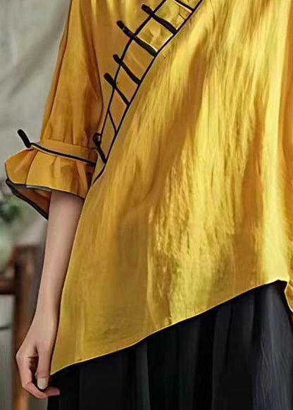 Yellow V Neck Cotton Blouses Half Sleeve