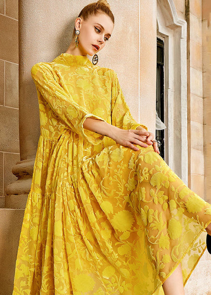 Yellow Wrinkled Bow Silk Velour Patchwork Long Dress Long Sleeve