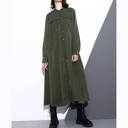 Army Green Autumn Silk Cotton Blended Dress Stand Collar Silk Cotton Blended Clothing Dresses Pockets Cinched Long Dresses