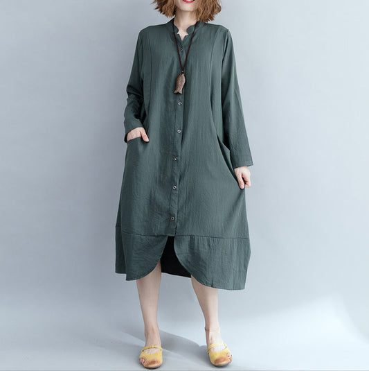 Army Green Cotton Linen Dress Indian Sleeve Stand Collar Shift Dress