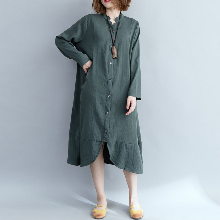 Army Green Cotton Linen Dress Indian Sleeve Stand Collar Shift Dress