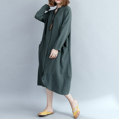 Army Green Cotton Linen Dress Indian Sleeve Stand Collar Shift Dress