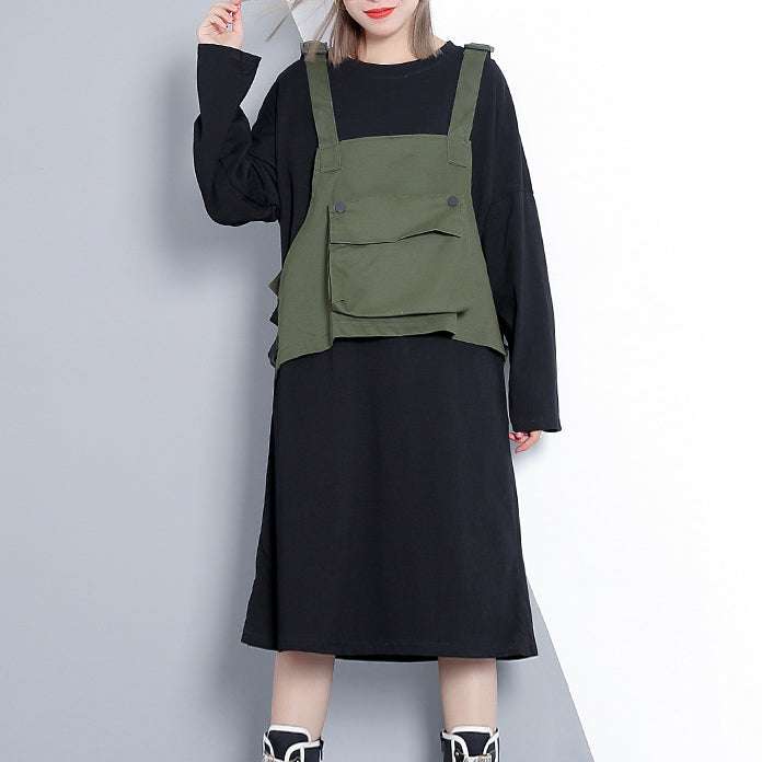 Army Green Fall Loose Fitting Dress False Two Pieces O Neck Dress