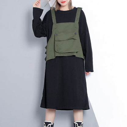 Army Green Fall Loose Fitting Dress False Two Pieces O Neck Dress