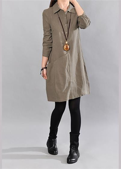 Army Green Linen Knee Dress Loose Fitting Cotton Shirt Dresses Big Pockets Long Sleeve Cotton Clothing Dresses
