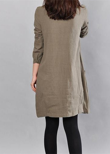 Army Green Linen Knee Dress Loose Fitting Cotton Shirt Dresses Big Pockets Long Sleeve Cotton Clothing Dresses