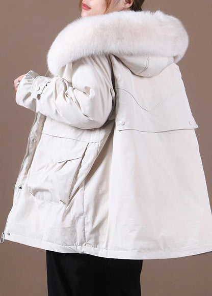 Beige Down Coat Winter Loose Fitting Fur Collar Zippered Fine Overcoat