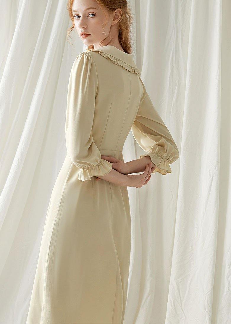 Beige Nude Blended Quilting Dresses Peter Pan Collar Cotton Fall Dresses