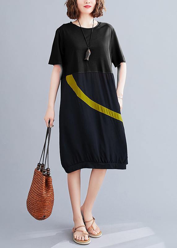 Black Cotton Tunic O Neck Patchwork Dress