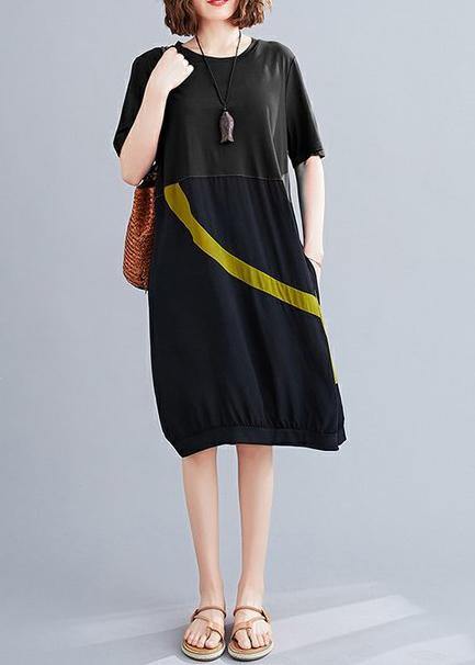 Black Cotton Tunic O Neck Patchwork Dress