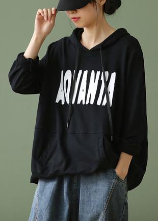Elegant black Letter crane tops hooded drawstring cotton shirts