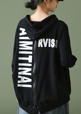 Black Letter Crane Tops Hooded Drawstring Cotton Shirts